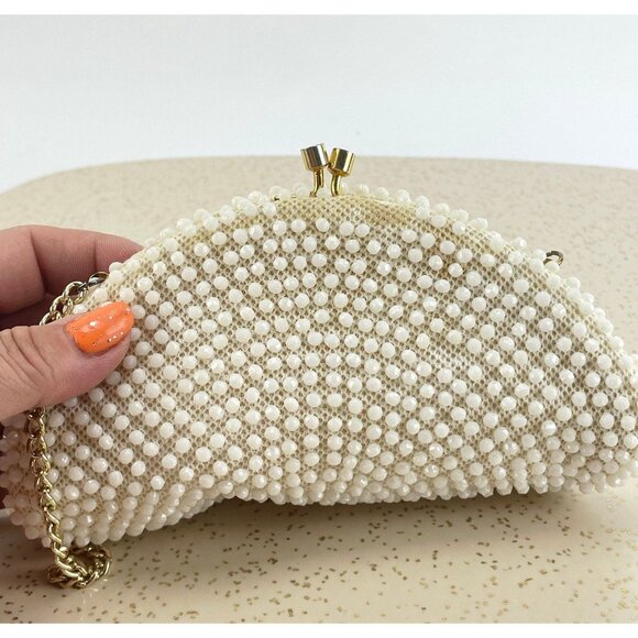 Vintage 50s cream beaded purse, Mid Century clutch, formal event accessory - Picture 5 of 8